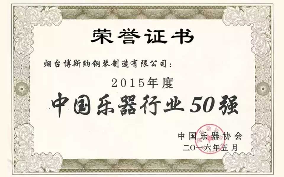 烟台博斯纳钢琴制造有限公司已连续11年荣获《中国乐器行业50强》称号